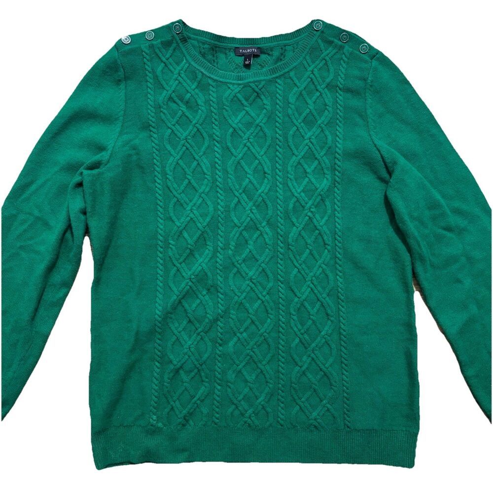 Talbots Cable Knit Sweater Sz Large Green Lambswool Blend Crew Neck Quiet Luxury